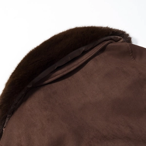 Close-up of plush faux fur collar and premium dark brown suede fabric of the jacket