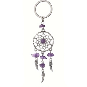 Detailed dreamcatcher keychain with purple crystals and silver metallic feathers