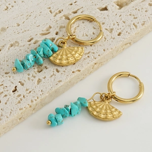 Bohemian 18K gold-plated stainless steel hoop earrings with turquoise stones and fan charms
