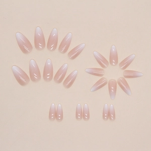 Glossy pink and white ombre almond press-on nails with a minimalist gradient design