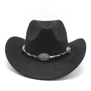 Chapeau De Cowboy Western Daim Large Bord Ethnique Bande Tressée Ornements Métalliques Argentés Extérieur Unisexe