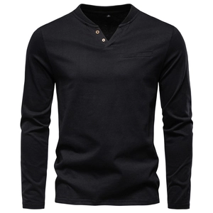 Men's slim fit black cotton V-neck long sleeve T-shirt with pocket and buttons