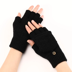 Detail of black knitted convertible gloves with half-finger design and fashion button
