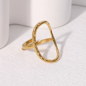 Minimalist gold stainless steel open ring with hammered oval hollow geometric design