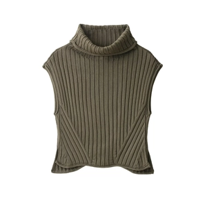 Women Ribbed Knit Turtleneck Vest Sleeveless Sweater Side Slit Pullover Polyester Acrylic Solid Color Casual