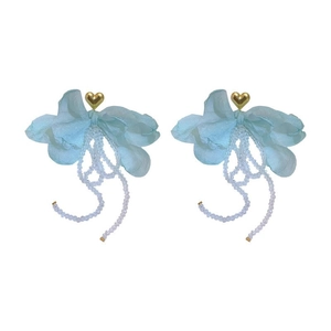 Floral S925 silver needle earrings with blue fabric petals and gold heart charms