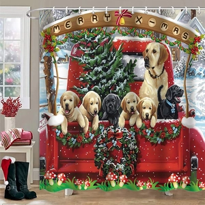 Detail of Christmas shower curtain featuring golden retrievers on a red truck in snow