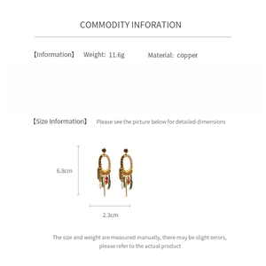 Detailed spec sheet for oval leaf fringe earrings in copper, size 6.8cm by 2.3cm