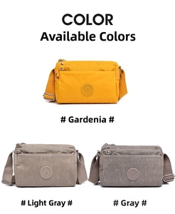 Detailed view of multi-pocket nylon crossbody bags in yellow, beige and grey colors