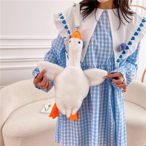 Cute white goose plush shoulder bag with adjustable strap for women and students