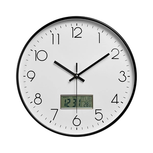 Minimalist 12-inch silent wall clock with LCD screen showing date and temperature