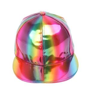 Holographic rainbow gradient baseball cap with a metallic finish and flat brim style