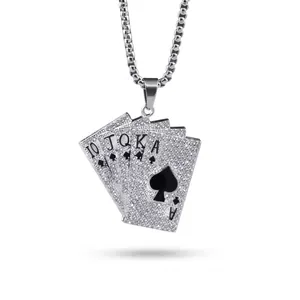 Hip-hop style flush spades poker pendant necklace with rhinestones on a box chain