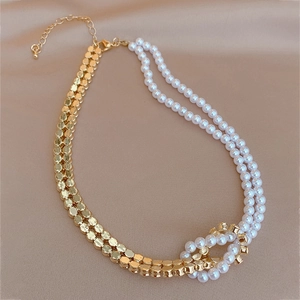 Vintage Künstliche Perlen Strass Choker Halskette Für Frauen Asymmetrisch Geknotet Zweilagig Goldton Schlüsselbein Kette Schmuck