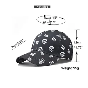 Detailed size chart for the black skull baseball cap with specific dimensions and weight