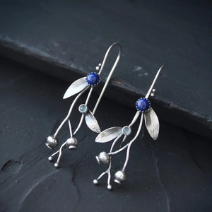 Vintage silver branch earrings with lapis lazuli stone and leaf vine design