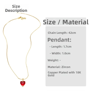 Détail du pendentif cœur en zircon rouge plaqué or 18 carats et dimensions de la chaîne