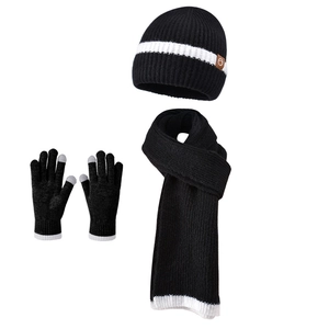 Winter knit set with black beanie, scarf, and touch-screen gloves for women warmth