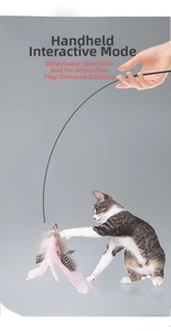 Detail of detachable steel wire rod and pink white feathers for interactive cat toy