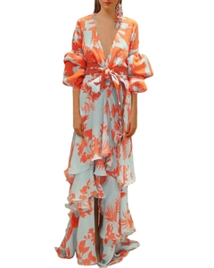 Floral print V-neck chiffon maxi dress with puff sleeves and bohemian style for vacation