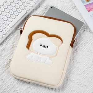 Cream laptop sleeve with cartoon bread dog embroidery and top zipper for 13 inch tablet