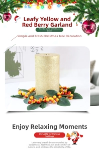 Detailed view of yellow and red berry candle ring with green leaves for holiday decor