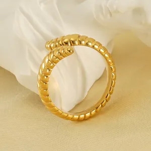Caterpillar Spiral Texture Open Ring Stainless Steel 18K Gold Plated Adjustable Vintage Fashionable For Women Men