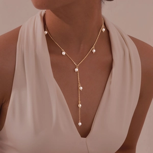 Collana Con Nappa A Forma Di Y Retrò Francese Per Donna Acciaio Inossidabile Placcato Oro 18K Con Ciondoli Perla Artificial Imitazione