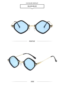 Detail view of rhombic sunglasses with gold metal frames and light blue lenses
