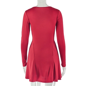 Detailed back view of a red long-sleeved A-line dress with slim-fit waist design