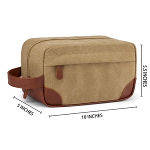 Product size guide for retro canvas and leather toiletry bag: 10 x 5 x 5.5 inches long