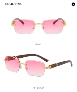 Detail of rimless sunglasses with gold frames, pink gradient lenses, and wood temples