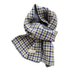 Blue and beige houndstooth knit scarf with Trendy Scarf tag on a white background