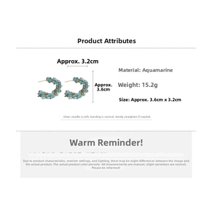 Detailed size specifications of aquamarine beaded C-shaped hoop earrings with silver needles