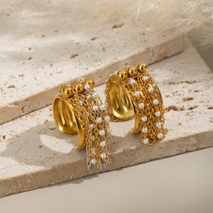 Minimalist stainless steel ring with elegant pearl tassels and two-tone metal ball accent