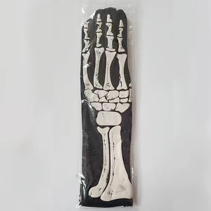 Halloween skeleton gloves with white bone print on black knit fabric for party costumes