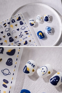 Detailed view of blue and gold graffiti nail stickers with cute cartoon art patterns