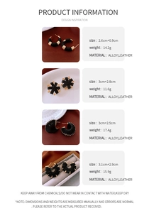Detail specifications for faux leather wrapped gold hoop earrings in four unique designs