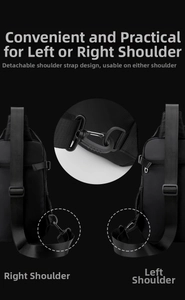 Detail of detachable hook on crossbody bag for switching between left and right shoulders