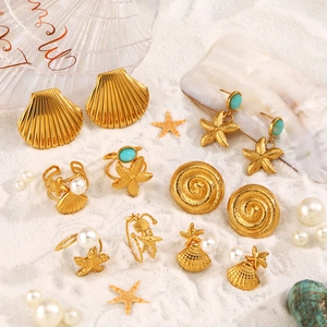 Gioielli Marini In Acciaio Inossidabile Placcato Oro Con Orecchini E Anello Stella Marina Conchiglia Perla Artificial Sintetica Turchese Stile Spiaggia