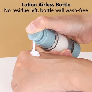 Blue and white vacuum spray lotion bottle with press pump for portable cosmetic travel use