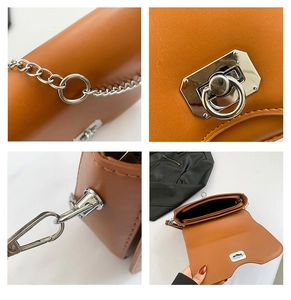 Detailed views of brown crossbody bag showing chain strap, swivel lock, and inner compartments