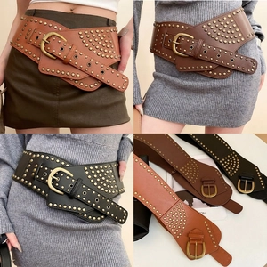 Wide Waist Belt PU Leather Metal Rivets Vintage Pin Buckle Bohemian Punk Style Decorative Cinch Waistband For Women