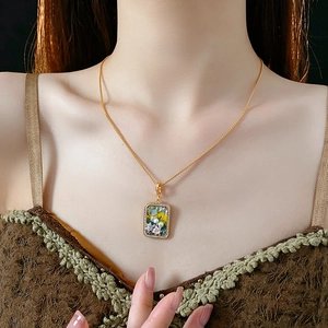 Detail of vintage oil painting style necklace with zircon flower and pearl pendant