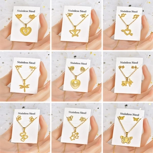 Collier Et Boucles D'oreilles En Acier Inoxydable Plaqué Or Motif Cœur Papillon Étoile Élégant Mode Pour Femmes