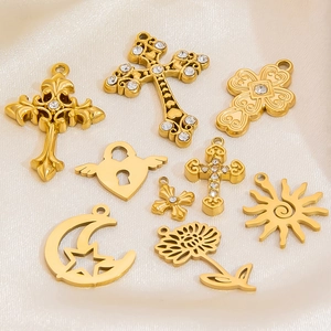 Stainless Steel Cross Sun Heart Star Pendants With Zircon Gold Plated Waterproof Hypoallergenic Jewelry Making Charms