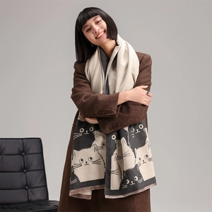 Thick autumn winter long shawl wrap for women featuring cute cat patterns in beige and grey