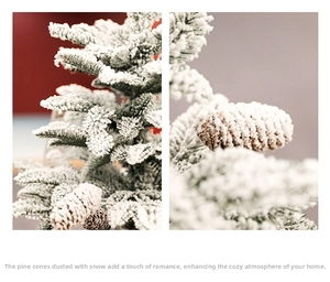 Close-up of frosted pine branches with snow powder and natural pinecones decor
