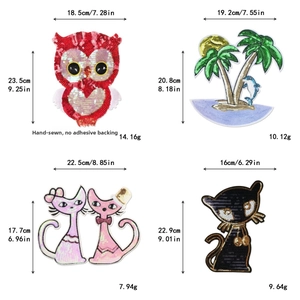 Detailed size specifications for sequin owl and cat DIY sew-on embroidery patches