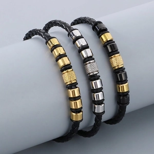 Men Braided Leather Bracelet With Stainless Steel Magnetic Buckle Geometric Grid Beads Punk Style Wristband Jewelry
